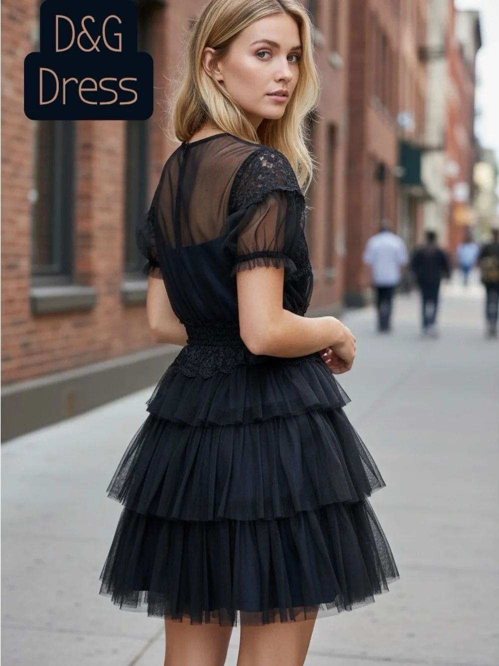 D&G Black Lace & Tulle Tiered Mini' Dress Size Small